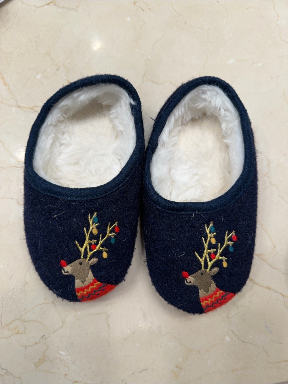 Kids Joules Navy Reindeer Slip-On Slippers - Size 11-12 (boys or girls)